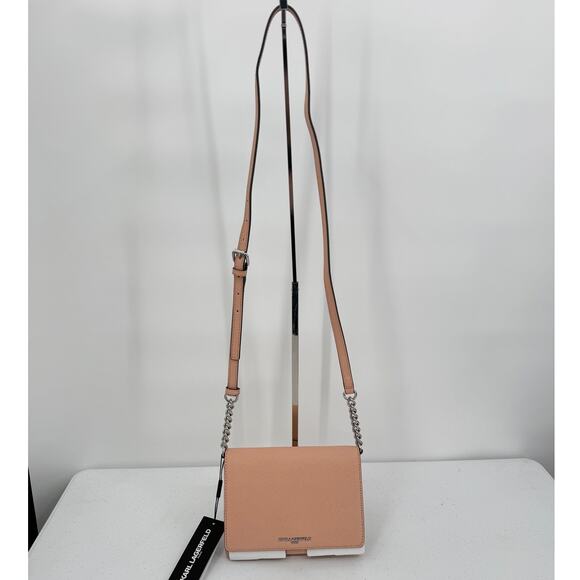NWT Karl Lagerfeld Paris Connie Peach Leather Crossbody Bag Flap Closure - Picture 3 of 12